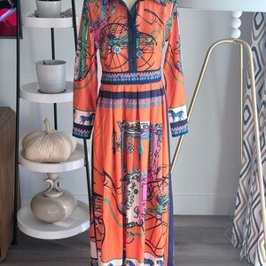 Hermes Style Vibrant Orange Patterned Maxi Dress
